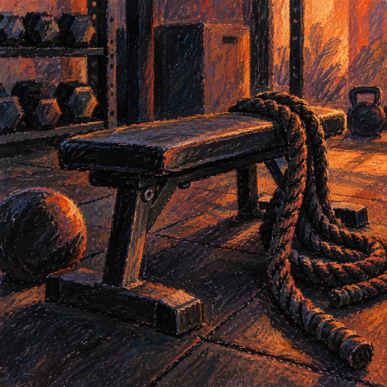 Illustration of independent fitness studio: a training bench, coiled ropes, rubber floor tiles