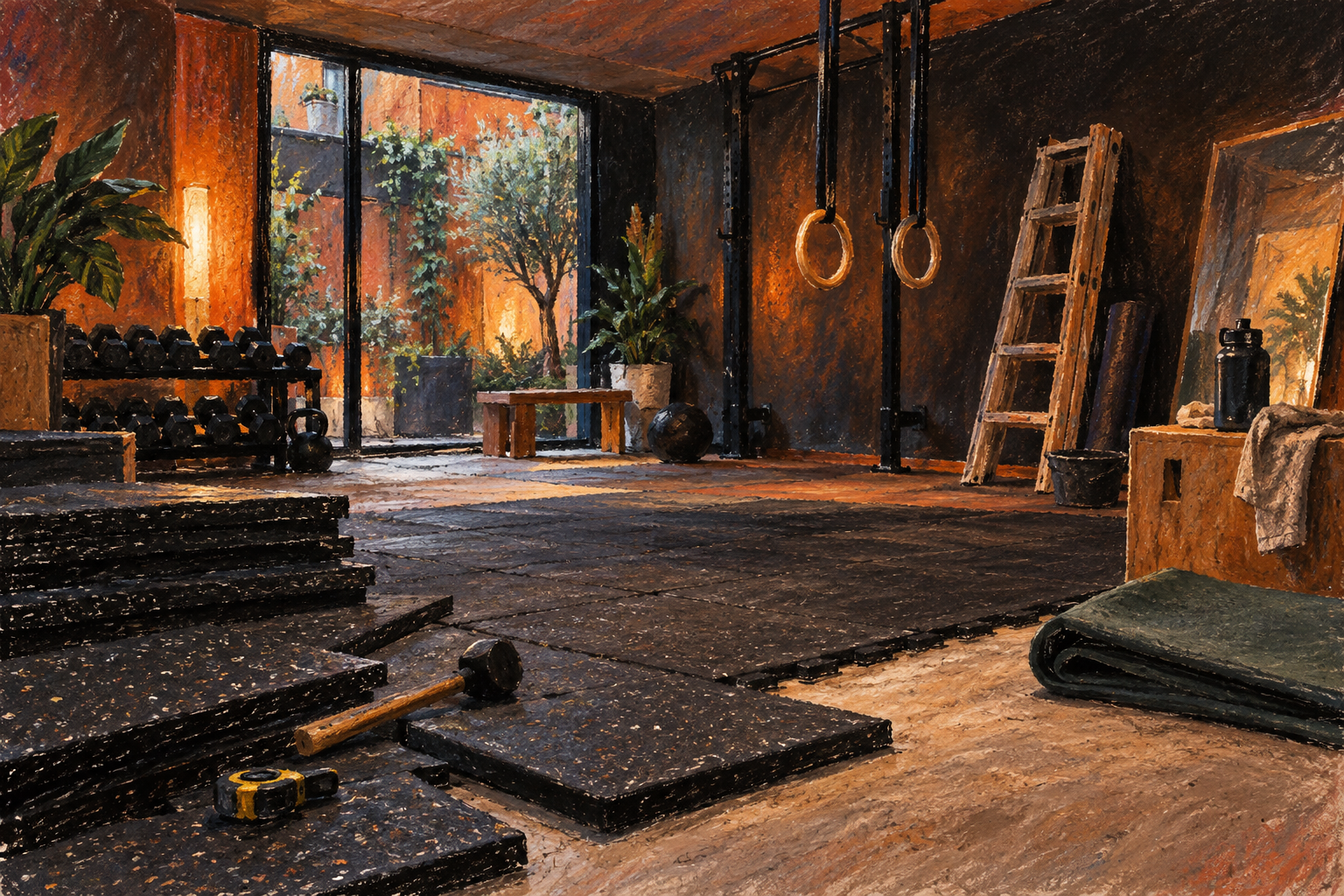 Illustration of independent fitness studio: rubber floor tiles, wooden rings, a folded exercise mat
